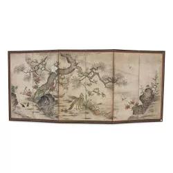 Siebdruck mit Tinte und Lasur auf Blattsilber. Edo-Zeit