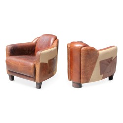 Paire de Fauteuil Club en cuir marron et toile forte