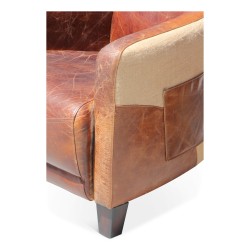 Paire de Fauteuil Club en cuir marron et toile forte