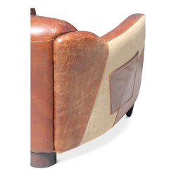Paire de Fauteuil Club en cuir marron et toile forte