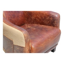 Paire de Fauteuil Club en cuir marron et toile forte