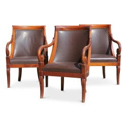 Mahogany gondola chair covered in brown leather. As is