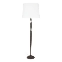 \"JUDE\" light fixture in patinated bronze with white lampshade.