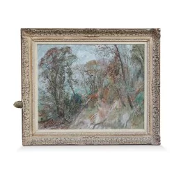 板面油画《森林景观和房屋》，署名 Curt Manz (1900-1989)。