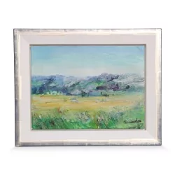 Huile sur toile "Campagne et montage" signé Willy Sutter (1918-2002).