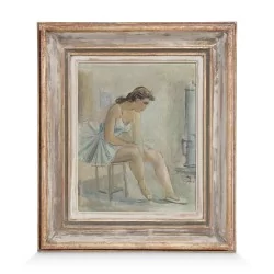 Öl auf Karton \"Ballerina auf einem Hocker sitzend\" von Hans Karl Schoellhorn (1892–1983).