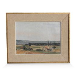 Huile sur toile "Plateau Vaudois et jura" signé R. Perroud (1971).