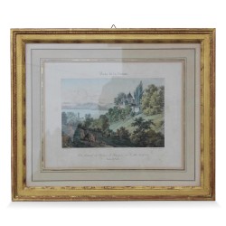 Gravure colorée "Vue latéral du chateau de prangins, sur le lac de Genève,