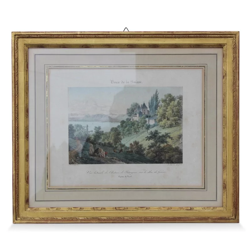 Kolorierter Kupferstich \"Seitenansicht des Schlosses Prangins am Genfersee, - Moinat - Gravüren