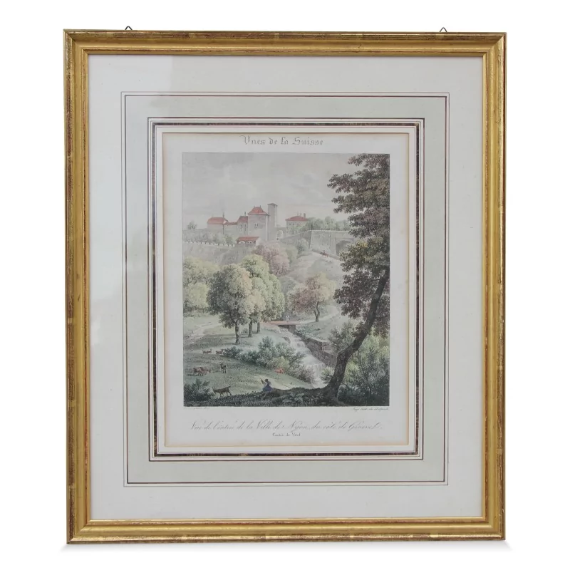 彩色版画\"从日内瓦一侧的尼翁镇入口处看到的瑞士景色 - Moinat - 版画