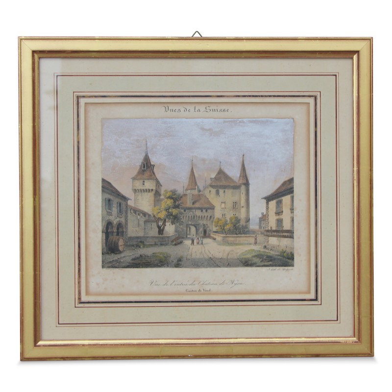 Colored engraving \"View of Switzerland, seen from the entrance to Nyon Castle\" - Moinat - Prints, Reproductions Colored engraving \"View of Switzerland, seen from the entrance to Nyon Castle\" - Moinat - Prints, Reproductions