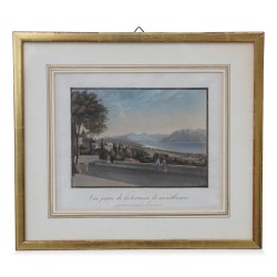 Gravure colorée "Vue prise de la terrasse de Montbenon, promenade près de Lausanne".