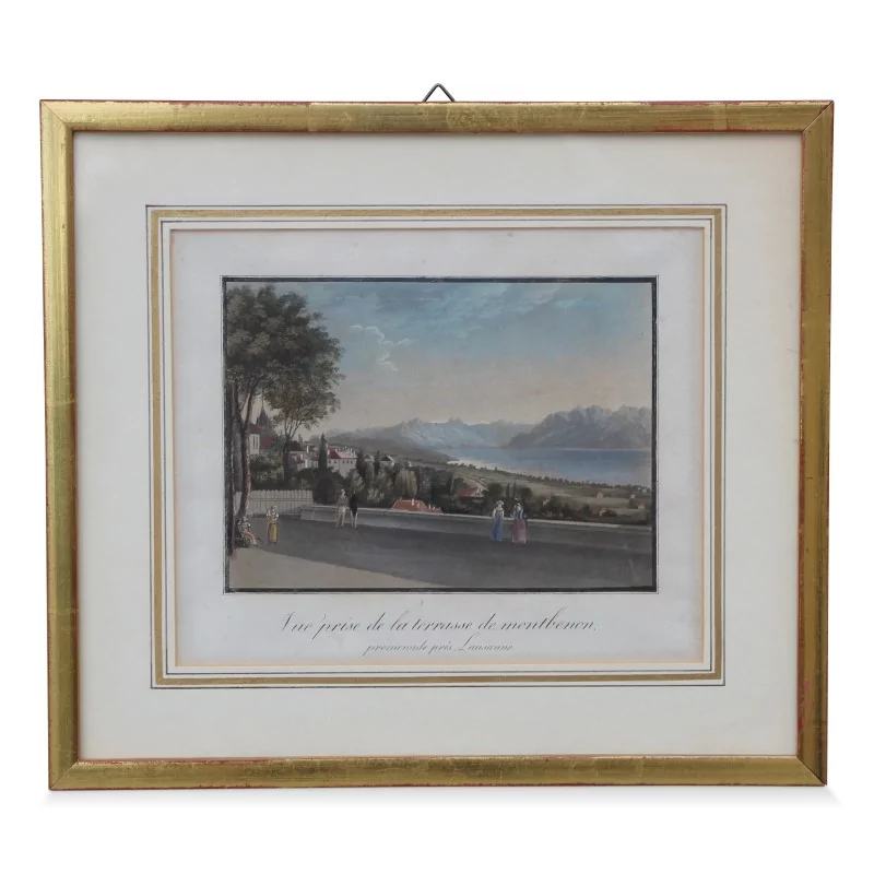 Colour engraving \"View taken from the terrace of Montbenon, promenade near Lausanne\". - Moinat - Prints, Reproductions