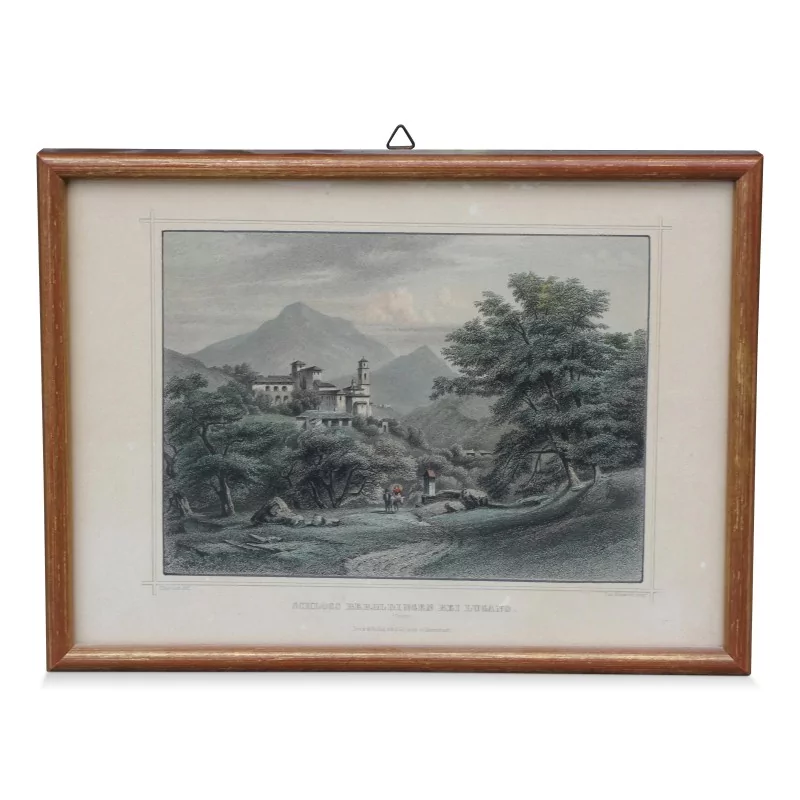 彩色版画\"卢加诺贝罗尔丁根宫（提契诺州）\"。约1900年。 - Moinat - 版画