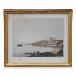 Gravure colorée "Nyon" signée S. Morel. M. d Estampes à Genève. Vers 1900.