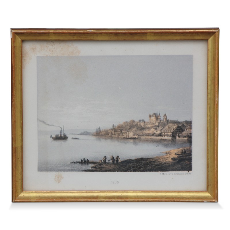 Gravure colorée "Nyon" signée S. Morel. M. d Estampes à Genève. Vers 1900. - Moinat - Gravures Gravure colorée "Nyon" signée S. Morel. M. d Estampes à Genève. Vers 1900. - Moinat - Gravures