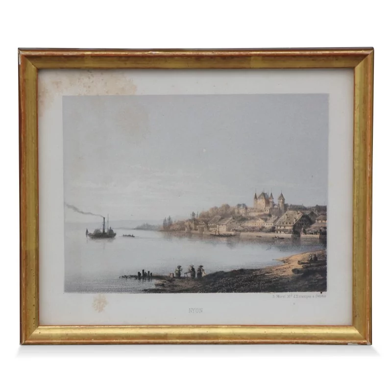 Colored engraving \"Nyon\" signed S. Morel. M. d Estampes in Geneva. Circa 1900. - Moinat - Prints, Reproductions