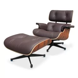 埃姆斯低背休闲椅，配有棕色意大利皮革脚凳