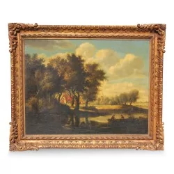 Gemälde \"Boot am Kanalrand\", niederländische Landschaft aus dem späten 18. Jahrhundert.