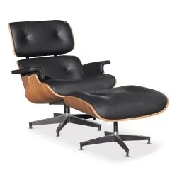 Italienischer Sessel mit hoher Rückenlehne und Ottomane aus schwarzem Leder und Walnussholz