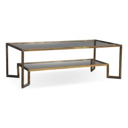 Niedriger Couchtisch aus patiniertem Messing-Vierkantrohr, bronzefarben mit klarem Glas.