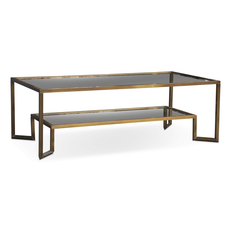 Niedriger Couchtisch aus patiniertem Messing-Vierkantrohr, bronzefarben mit klarem Glas. - Moinat - Couchtische, Beistelltische Niedriger Couchtisch aus patiniertem Messing-Vierkantrohr, bronzefarben mit klarem Glas. - Moinat - Couchtische, Beistelltische