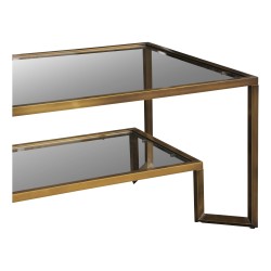 Niedriger Couchtisch aus patiniertem Messing-Vierkantrohr, bronzefarben mit klarem Glas.