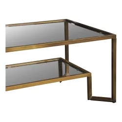 Table de salon basse en tube carré en laiton patiné, coloris bronze avec verres claire.