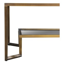 Niedriger Couchtisch aus patiniertem Messing-Vierkantrohr, bronzefarben mit klarem Glas.