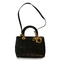 Sac "Christian Dior" en cuir noir imprimé cannage.