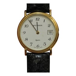 Montre "Bucherer" à quartz avec un cadran blanc et un bracelet en cuir noir.