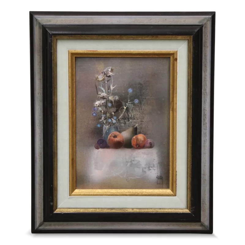 Öl auf Leinwand "Die Pfirsiche und die Disteln" von Bernard Louedin (1938). - Moinat - Gemälden - Stillleben