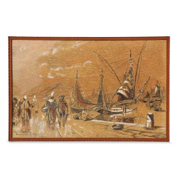 Tableau dessin sur papier "Port breton" signé Louis Baudit (1870 - 1960).