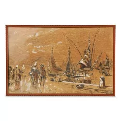 Gemälde und Zeichnung auf Papier "Breton Port", signiert Louis Baudit (1870 - 1960).
