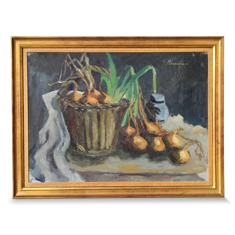 Oil on wood "Onion" signed Louis Perrochon 1975 (1904 - 2008). - Moinat - Painting - Still-life