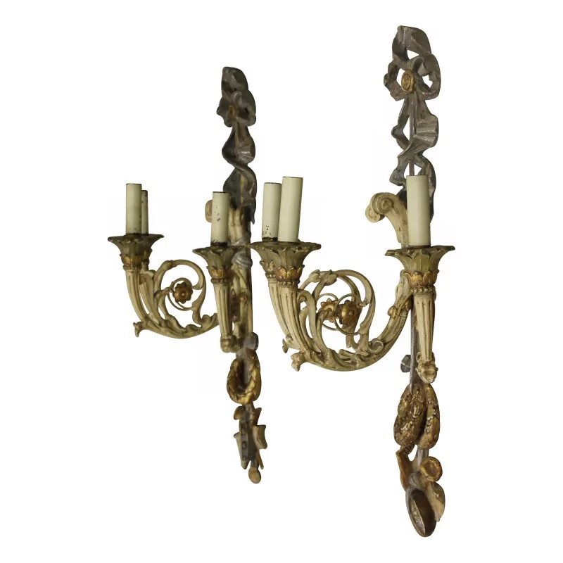 Pair of wall sconces in carved wood and metal. Italy. - Moinat - Wall lights, Sconces