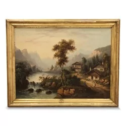 Huile sur toile "Village en bord de rivière".