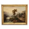 Huile sur toile "Village en bord de rivière". - Moinat - Tableaux - Divers