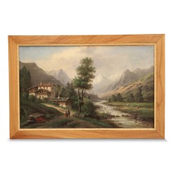 Öl auf Leinwand \"Berg, Fluss\".