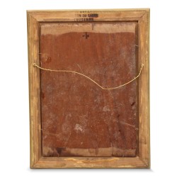 Huile sur bois "Maison bord de rivière".