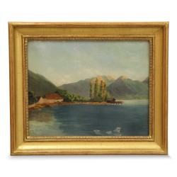 Huile sur carton "lac et montagne".