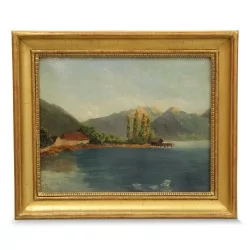 Huile sur carton "lac et montagne".