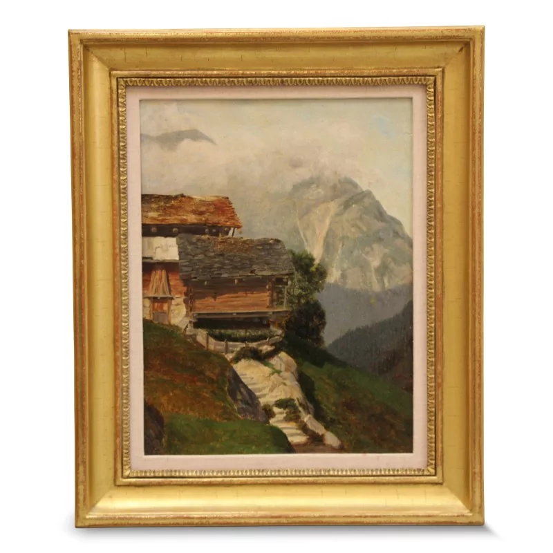 Huile sur bois "Les mazots". - Moinat - Tableaux - Divers Huile sur bois "Les mazots". - Moinat - Tableaux - Divers