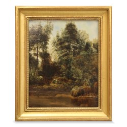 木板油画《溪岸》。