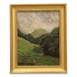 Масло на дереве \"Лес и горы\".