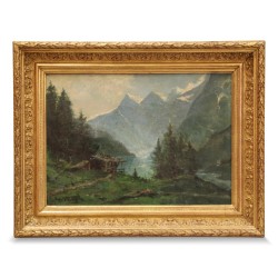 Холст, масло «Озеро и горы». Подпись Эжена Верно (XIX–XX века).