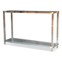 Console en plexiglas, plateau verre et angle en laiton.