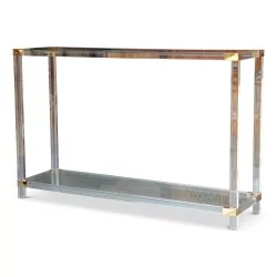 Console en plexiglas, plateau verre et angle en laiton.