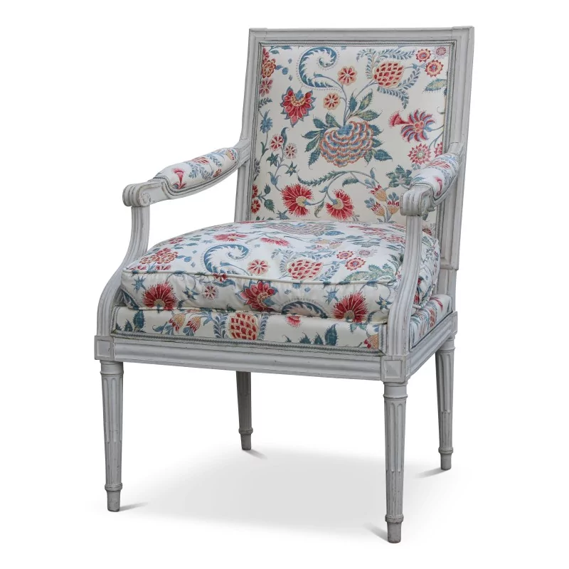 Fauteuil Louis XVI dossier carré recouvert d un tissu "Braguenié" - Moinat - Fauteuils