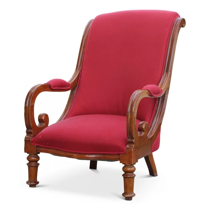Fauteuil à crosse en noyer recouvert d un tissu rouge. Hauteur assise : 35 cm - Moinat - Fauteuils